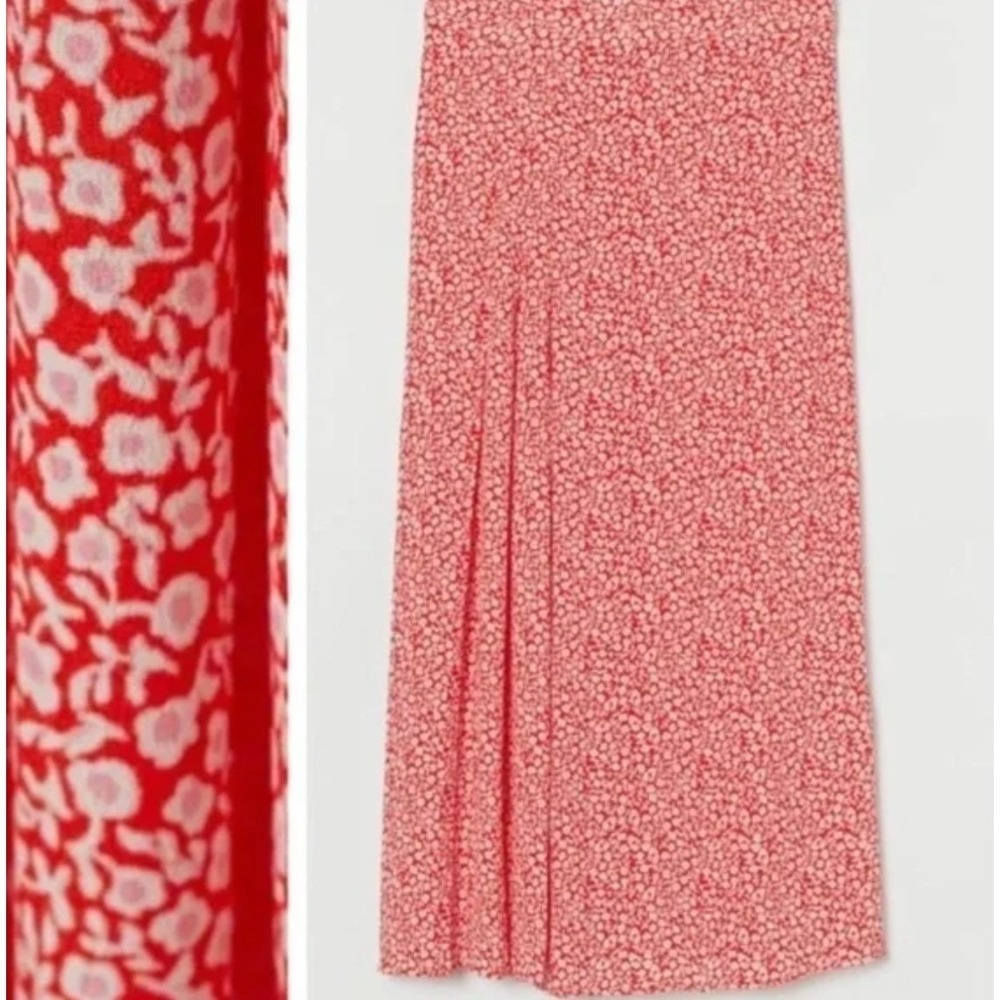 H&M Red Floral Ditsy Midi Skirt Womens 6 Slit Cottagecore Boho Summer Style